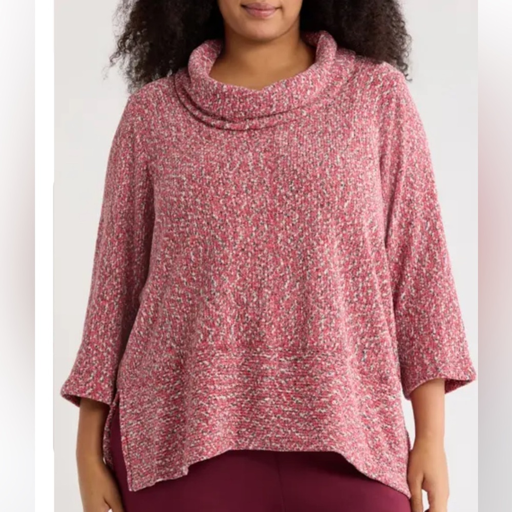 Ruby Rd. 1X‎ Chenille Space Dye Cowl Neck 3/4 Sleeve Red Lounge Comfy Relaxed